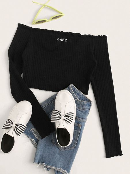 

off shoulder lettuce trim letter embroidery e95o#, White