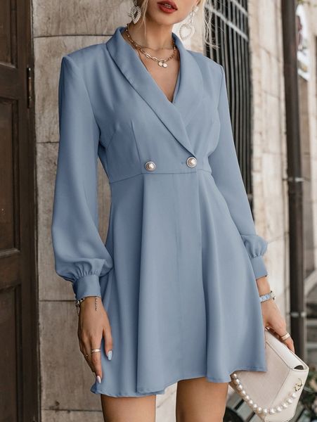 

simplee shawl neck blouson sleeve double button blazer dress g5wk#, White