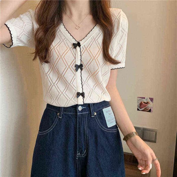 

dign sense 2022 niche lace v-neck bow versatile short sleeve t-shirt temperament thin fashion, White