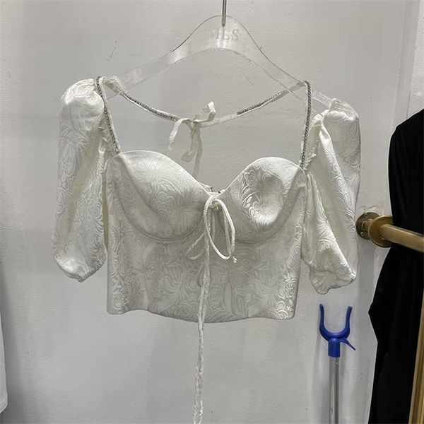 

deat women white jacquard strapless t-shirt square collar short sleeve fashion spring summer 11b127 210709