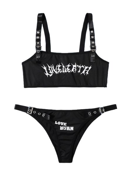 

romwe x aak letter graphic eyelet buckle strap lingerie set 339j#, Black;red