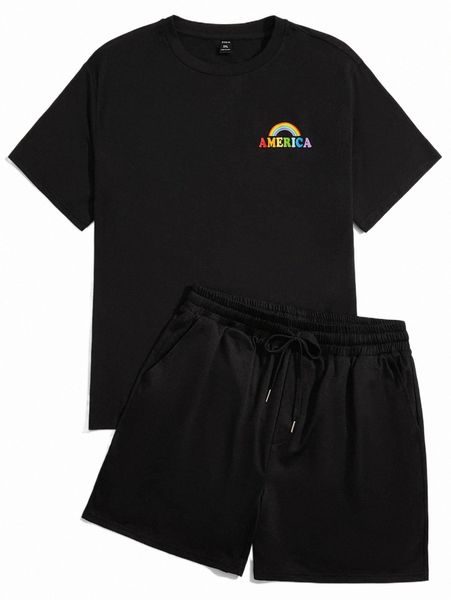

extended sizes men lgbt rainbow & letter graphic tee & track shorts e9rh#, Gray
