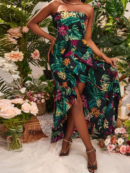 

sxy tropical print split thigh ruffle trim tube dress o2wv#, Black;gray