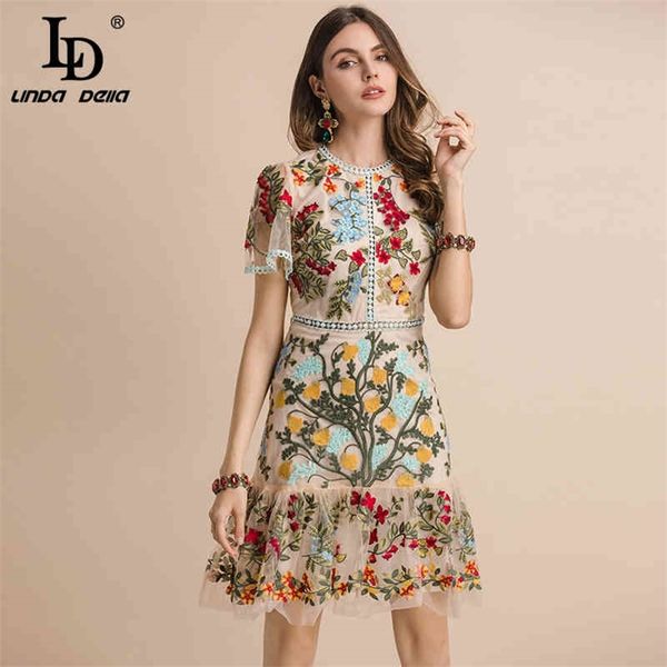 

ld linda della new 2021 fashion runway summer dress women s flare sleeve floral embroidery elegant mesh hollow out midi dresses 210322, Black;gray