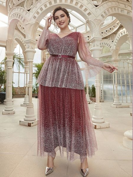 

plus cloak sleeve peplum waist belted dobby mesh prom dress s33o#, Black