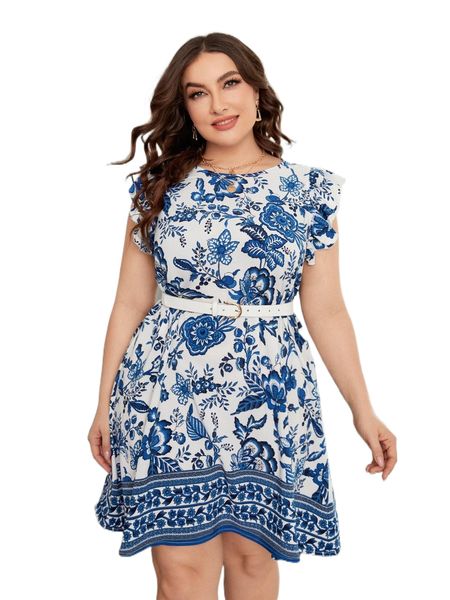 

plus floral print ruffle sleeve dress without belt x661#, Black