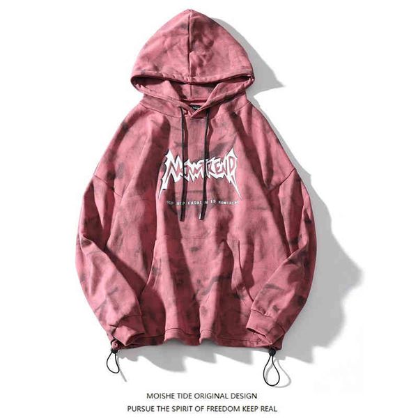 

moishe tide autumn tie dyed hoodie men's and women's hip-hop loose casual letter printed couple jacket, Black