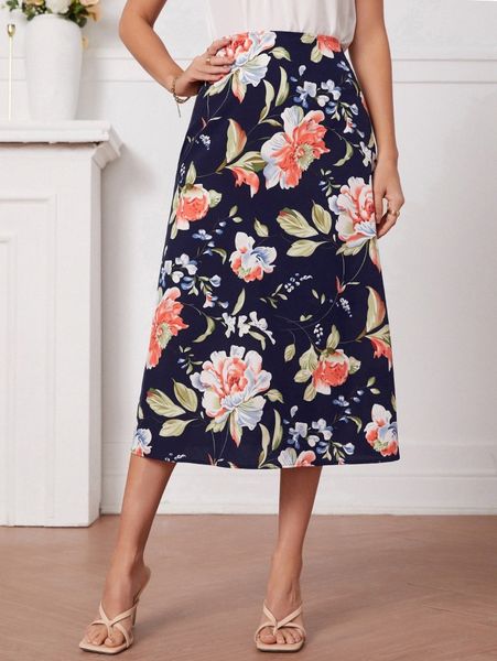 

emery rose high waist floral print skirt k6mb#, Black