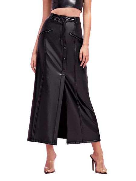 

x ary villa zip detail split thigh pu leather skirt x6os#, Black