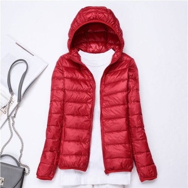 

90% ultra-light plus size thin down jacket women autumn winter slim short hooded warm white duck down coat women outerwear 201127, Black