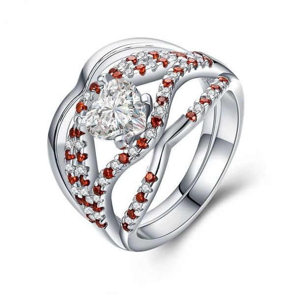 Eheringe 2PCS Luxus Präzision Schmucksets Ring für Frauen Orange und weißes Zirkon Engagement Ringswedding