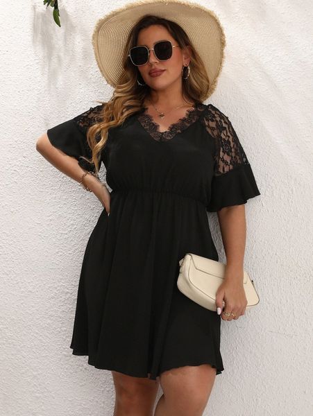 

plus lace insert flounce sleeve dress 04wy#, Black