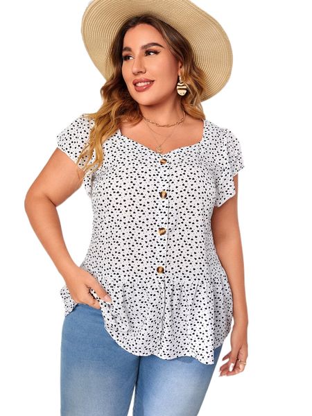 

plus confetti heart print ruffle sleeve peplum blouse w7dg#, Black