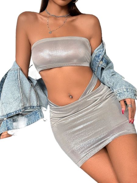 

backless metallic crop tube & cut out bodycon skirt g3ck#, White