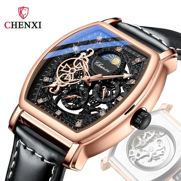 

men's watch barrel shaped mechanical watch luminous hollow out machine, Slivery;brown
