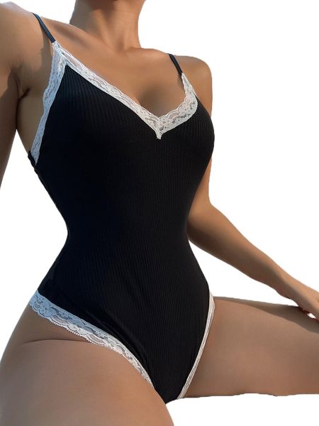 

contrast lace rib teddy bodysuit h1ds#, Black;red