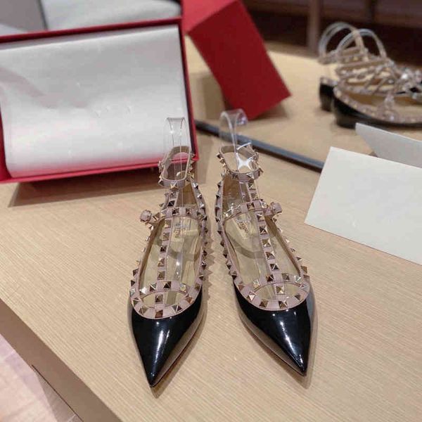 

slippers spring and summer versatile fashion rivet pointed low heel v willow nail color matching thick medium single shoes women 70jh, Black