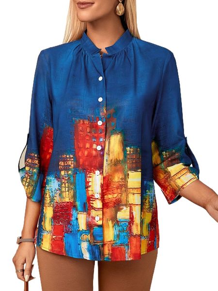 

emery rose graphic print roll tab sleeve blouse x3x7#, White