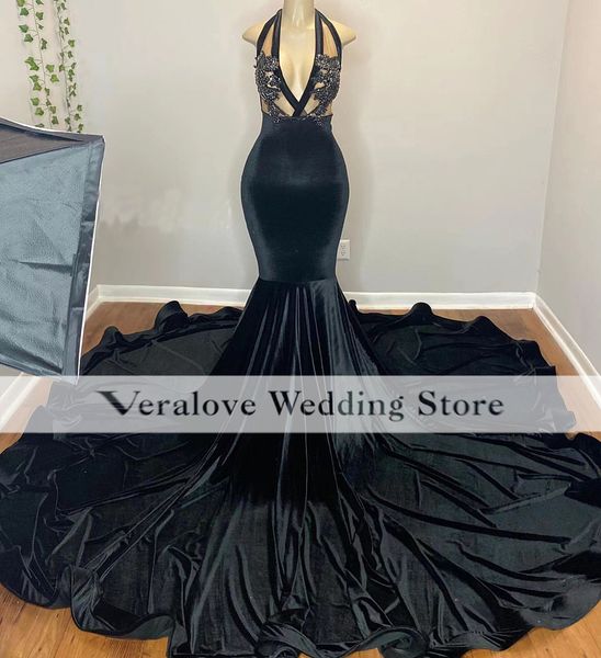

black dress mermaid 2k22 halter neck prom dresses for women velvet beads pop occasion party gowns outfit be de cocktail femme