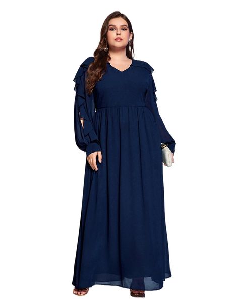 

plus ruffle trim lantern sleeve a-line dress 909j#, Black