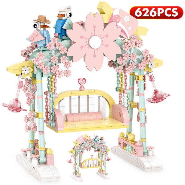 Stücke Mini Stadt Sakura Schaukel Bausteine Freunde Diy Blume Vögel Modell Ziegel Spielzeug Für Mädchen Kinder Geschenk J220624