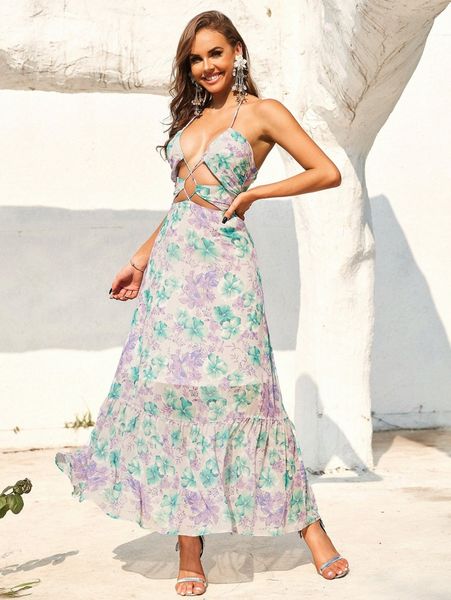 

floral cut out chiffon cami dress v1b4#, Black;gray