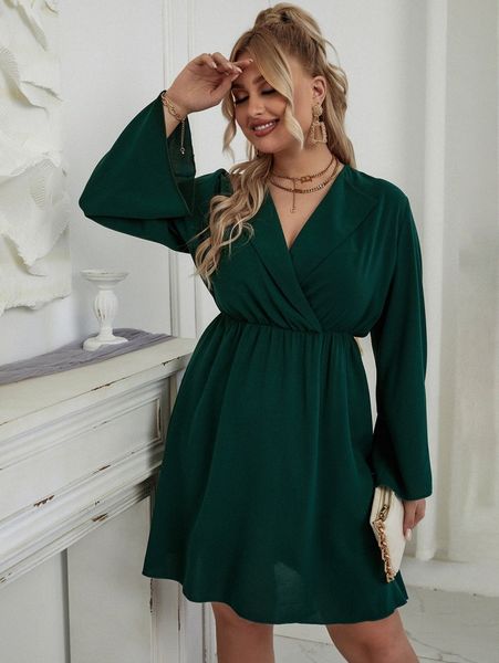 

plus overlap collar trumpet sleeve dress 14br#, Black