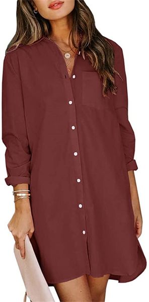 

women's & tees casual buttoned shirtdress long sleeve lapel pocket pure color fan your dress, White