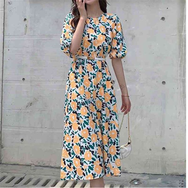 

elegant flowers o neck puff short sleeve party dress vestidos vintage women high waist casual belt fashion femme 210526, Black;gray