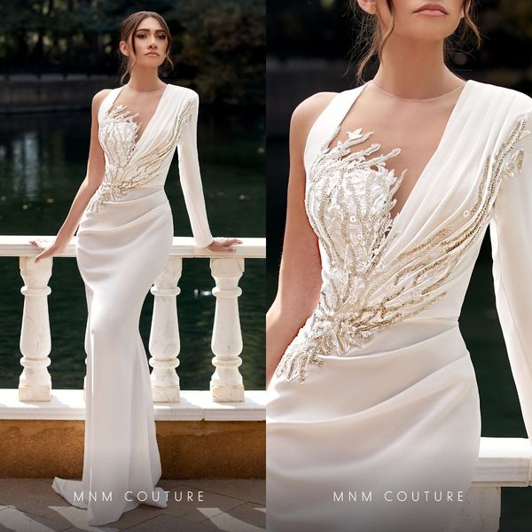 

chic mermaid satin prom dress beaded one long sleeve jewel neck formal evening gowns sweep train white party dresses, Black