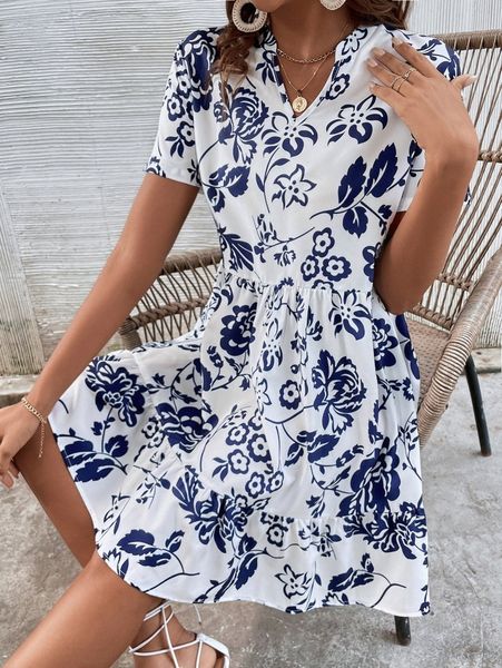 

floral print notched neckline ruffle hem dress u05p#, Black;gray