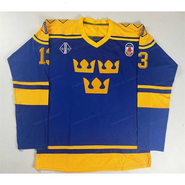 Mit billigem, individuellem Kanada Mats Sundin #13 Team Schweden-Hockey-Trikot, Herren, genäht, Blau, jede Größe 2XS-5XL, Name oder Nummer, Top-Qualität