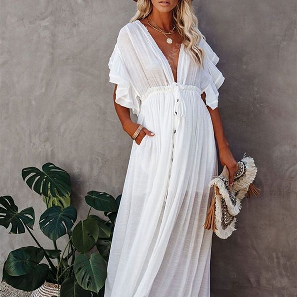 

deep v neck butterfly sleeve self belted high waist button front open summer beach dress whitetunic women beachwear q1208 226014, Black;gray