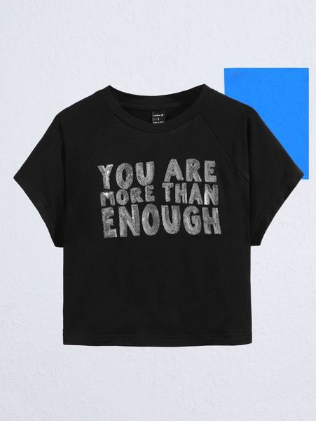 

x morgan reveal slogan contrast sequin raglan sleeve crop tee i2ol#, White