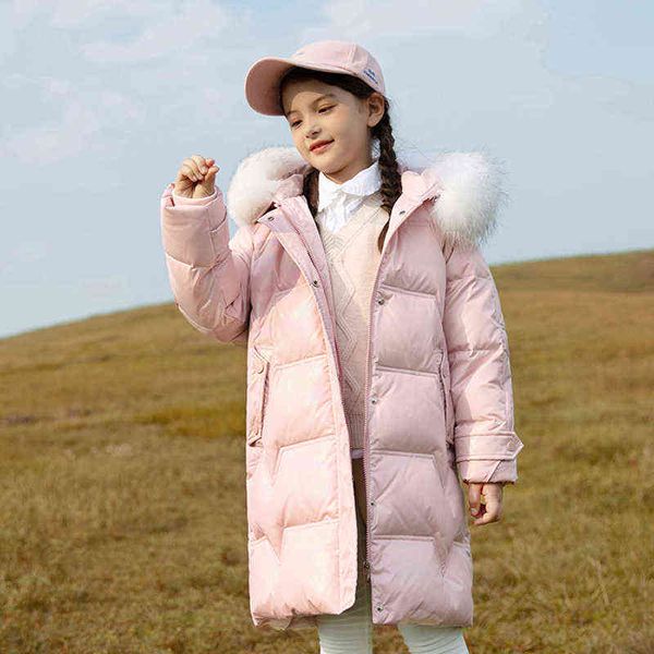 

2021 winter fur collar children down jackets for girls warm kids down jackets for girl 6-14years outerwear kids clothing j220718, Blue;gray