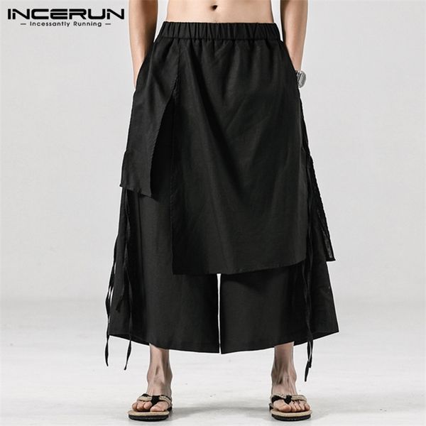 

incerun solid color casual joggers elastic waist loose irregular skirt trousers men streetwear harajuku wide leg pants 220705, Black