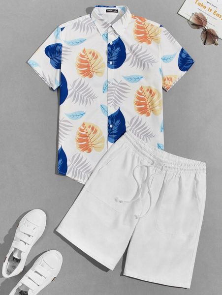 

men tropical print shirt & drawstring waist shorts set l3rd#, Gray