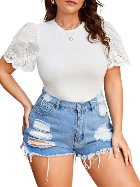 

plus puff sleeve eyelet embroidery tee k2cq#, Black