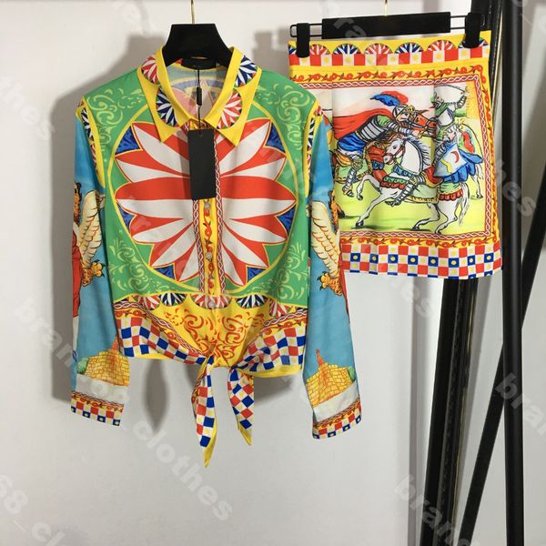 

vintage women's two piece pants silk dress shirt high waist bag hip skirt hd print long sleeve t shirts lace-up waist fashion trend log, White