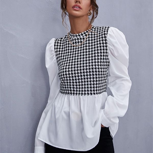 

women elegant houndstooth shirt fashion ruffle stitching fluffy long sleeve casual chic ladies blouse office white shirts 220407