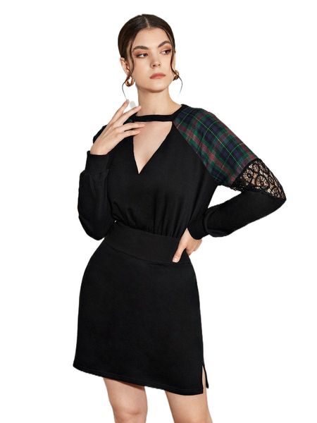 

x guyot & poon cut out front plaid shoulder lace insert sweatshirt dress 84fb#, Black