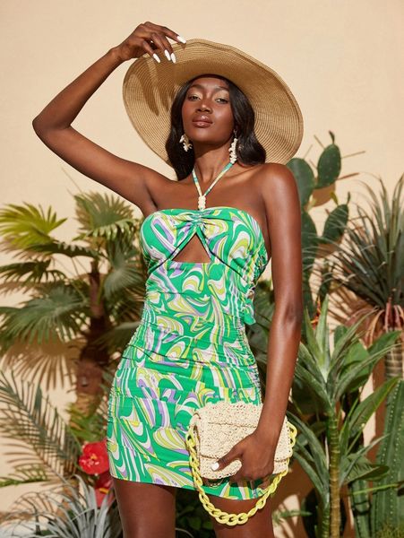 

allover print ruched bust tie backless fitted dress u8fa#, Black;gray