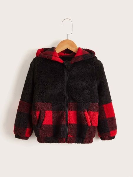

toddler boys buffalo plaid zip up hooded teddy jacket she, Blue;gray