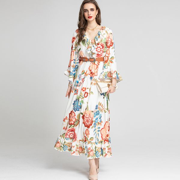 

women's runway dress v neck flare sleeves printed ruffles elegant high street fashion holiday vestidos, Black