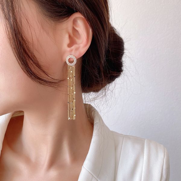 

925 silver needle korean graceful geometric full diamond round and square earrings long tassel fashionable and popular eardrop, Golden
