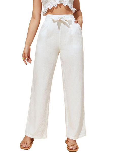 

solid belted wide leg pants 78ot#, Black;white