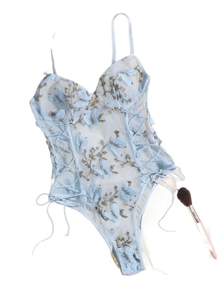 

embroidered mesh lace-up teddy bodysuit k7ke#, Black;red