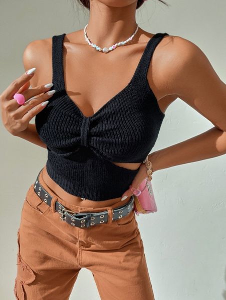 

rib-knit cut out crop knit p9ft#, White;black