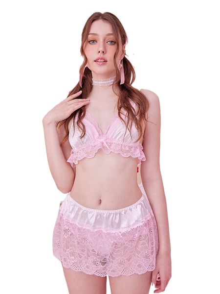 

kawaii 3pack contrast lace bow lingerie set 53kj#, Black;red