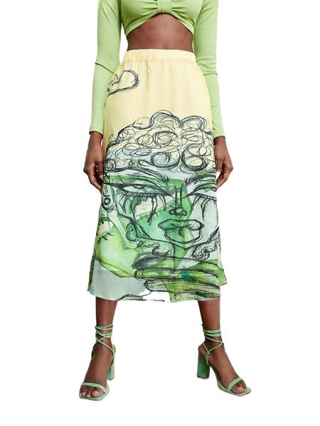 

x wked elastic waist figure graphic straight skirt 37wc#, Black
